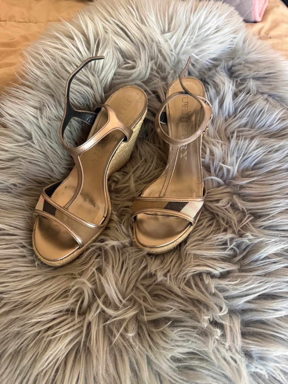 Burberry Metallic Bronze and Tan Espadrille Wedge Sandals